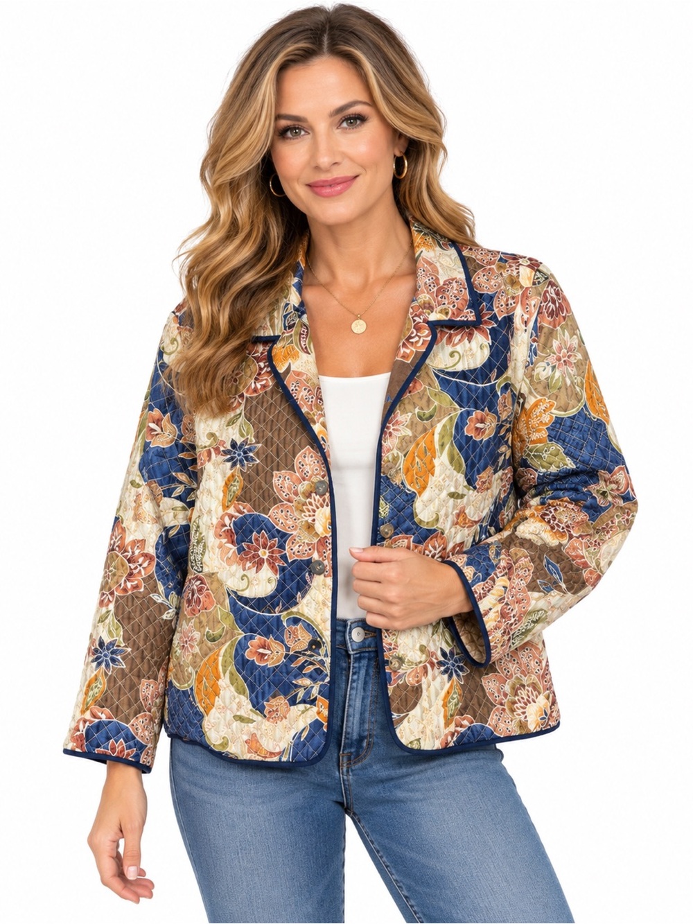 Alfred Dunner Quilted Floral Bomber Silk Jacket in Blue, Brown & Cream 14P